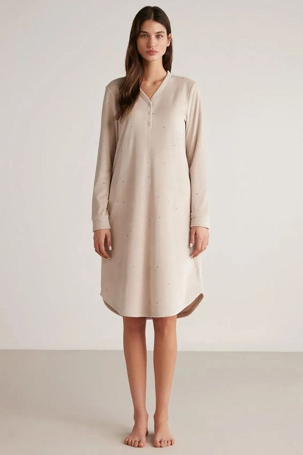 Catherine's-Catherines Soft Textured Velour Fabric Button Collar Long Sleeve Women's Dress Nightwear 1