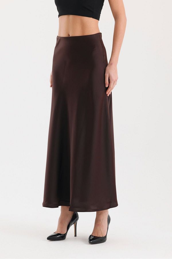 soBasic-Satin Fabric with Elastic Waistband Mid Waist Midi Skirt-M - Brown 1