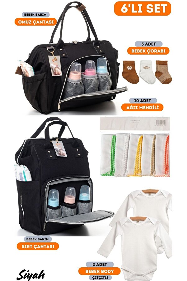 sahra bebek 6'lı Büyük Bebek Doğum Seti(BEBEK BAKIM SIRT-OMUZ ÇANTASI,10'LU MENDİL,2Lİ BODY VE 3’LÜ ÇORAP)