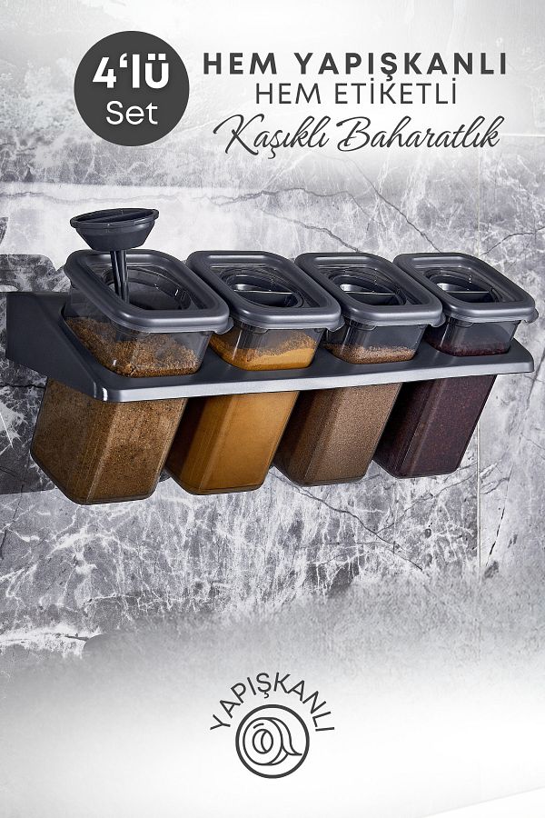 GRİMOR Life-Set of 4 Square Spices with Smoked Lock and Adhesive - 400 ml with Label and Stand 1