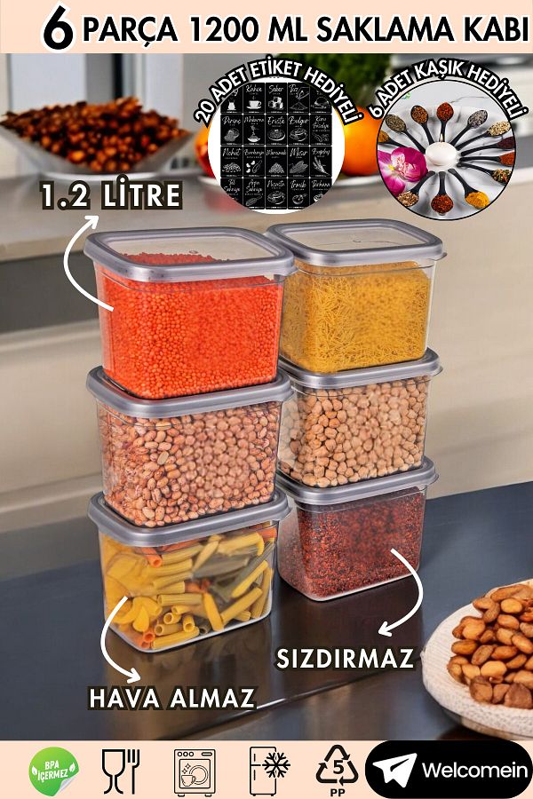 welcomein-Set of 6 Leak Proof Rectangular Food Storage Containers 1200ml - 20 Labels - 6 Spoons - 1.2 Liters 1
