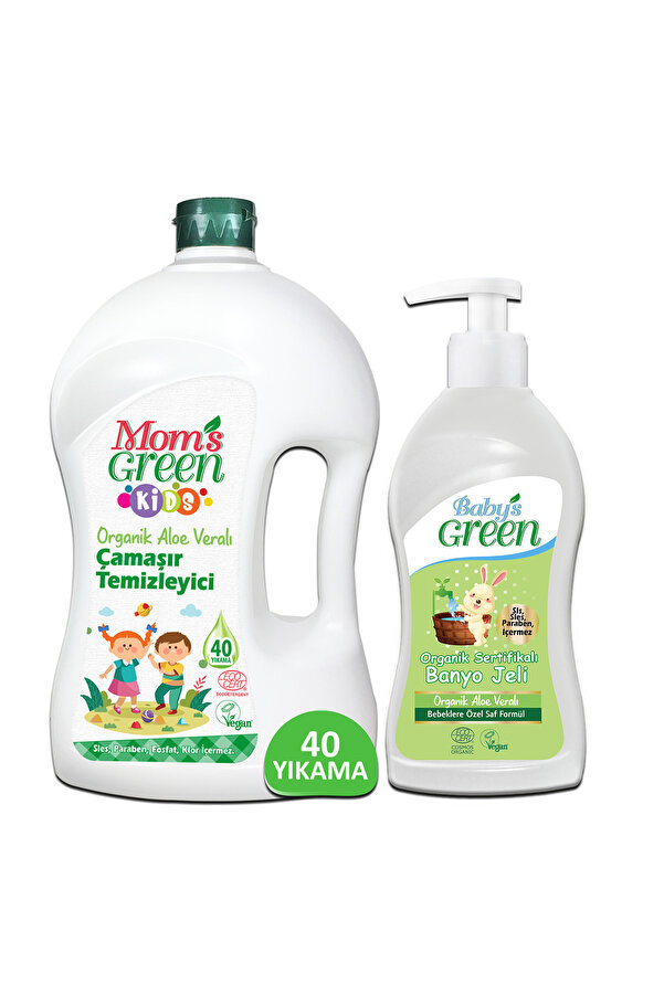 Mom's Green 2'li Set-1500 ml Kids Organik Çamaşır Temizleyici (40 Yıkama) ve Bebek Banyo Jeli 500 ml