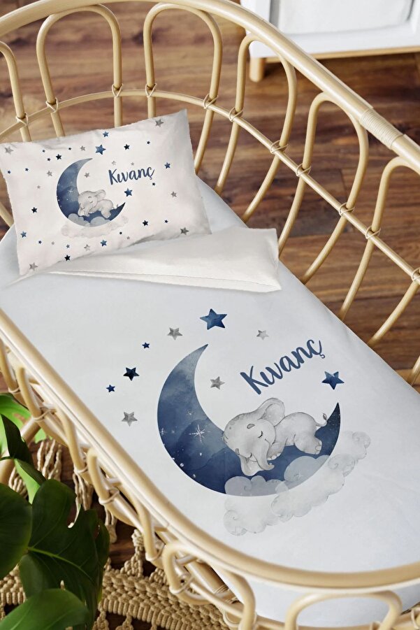 Homamia Isme Özel Anne Yanı 60x100 Beşik Uyku Nevresim Takımı Mavi Aydaki Fil