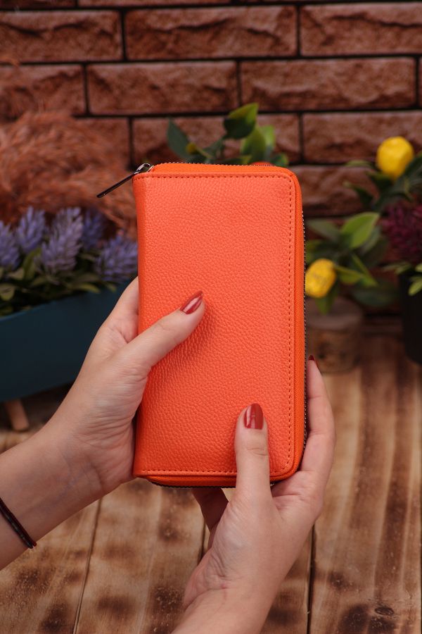 ANDİFLİ-Unisex Leather Portfolio Card Holder Long Wallet with Orange Phone Compartment 1