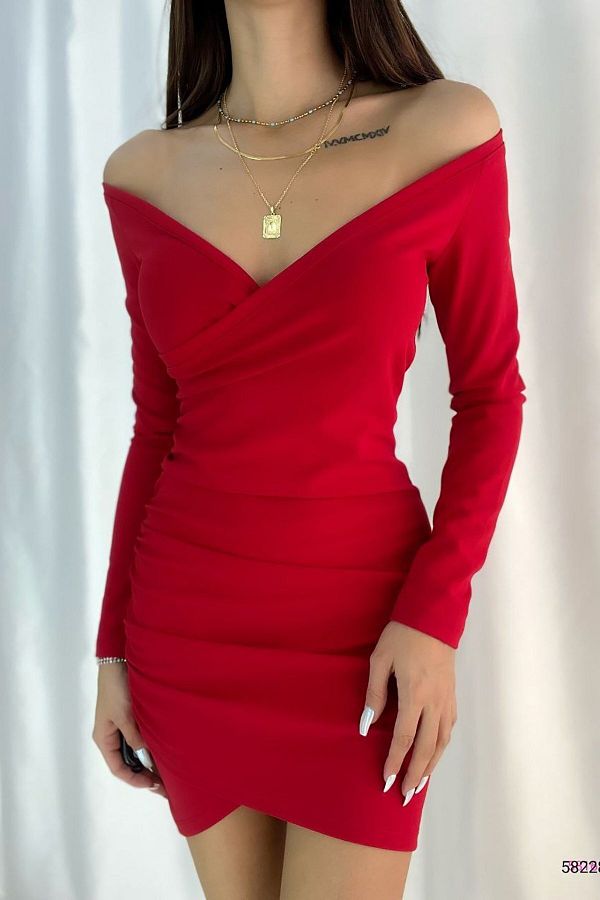 Deafox-Rotes Kleid aus importiertem Kreppstoff mit zweireihigem Kragen und langen Ärmeln 1