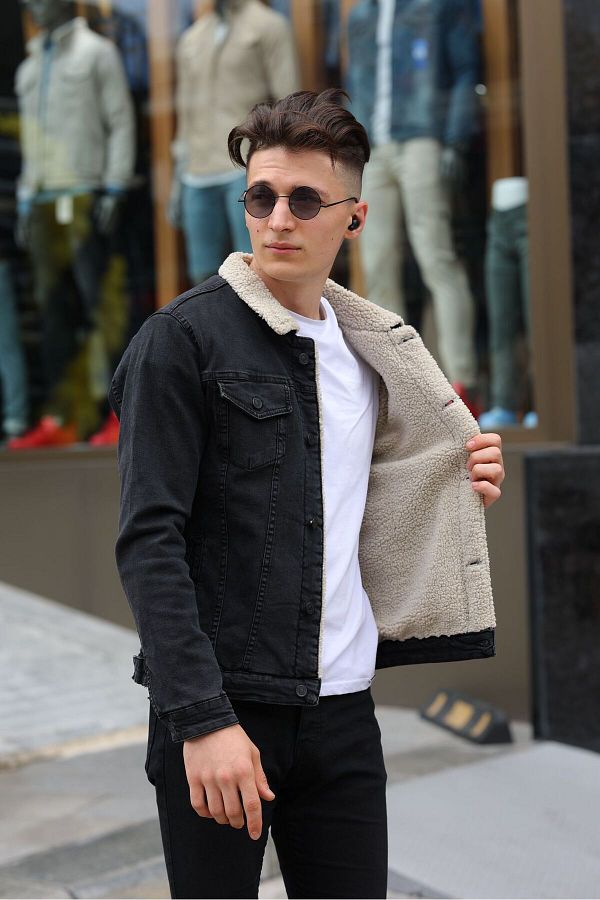 WKM Men s Black Denim Jeans Jacket with White Fur Inside Trendyol