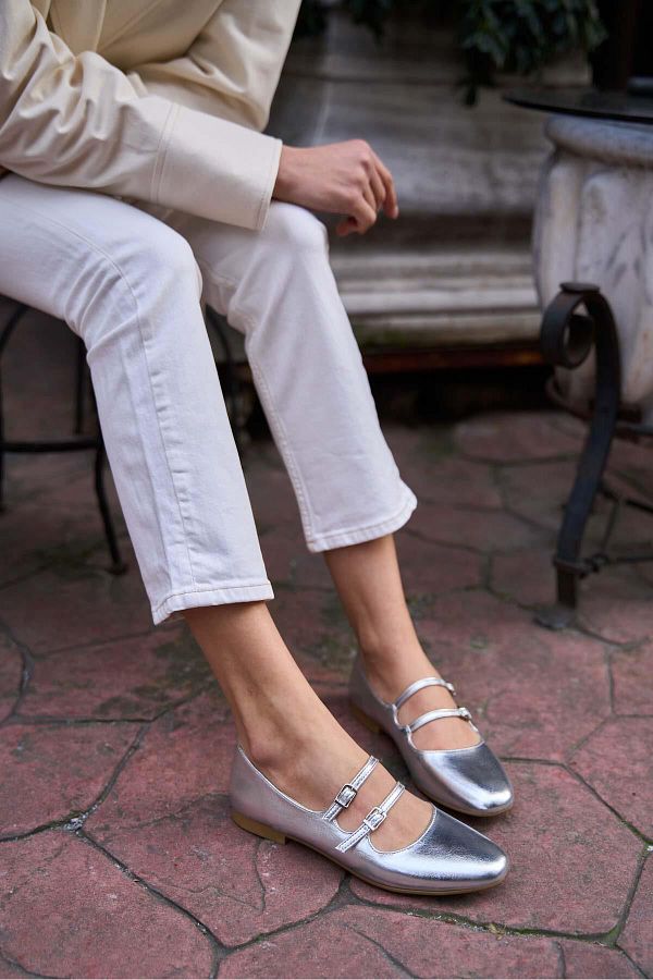 Madamra-Silberne Damen-Ballerinas mit doppeltem Gürtel 1