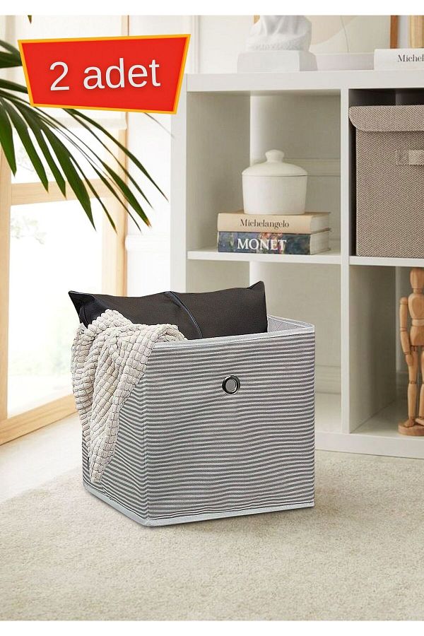 HOMİNG-Homing Fabric Grey Striped Shelf Organizer Basket Organizer 2 Pieces 30X30X30Cm 1