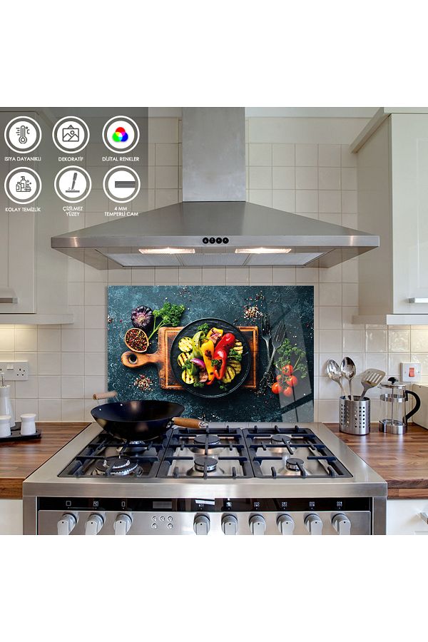 Zevahir Mobilya Dekorasyon-Spices and Vegetables on a Tempered Glass Table on the Back of the Stove 1