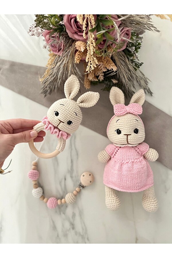 Zey's Amigurumi Amigurumi Yenidoğan Set Tombik Tavşan Uyku Arkadaşı Çıngırak Emzik Zinciri