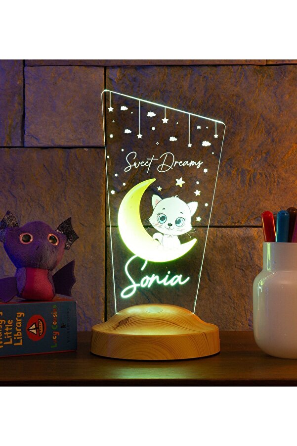 SEVGİLAMBASI Kedili Hediye Çocuk Odası Aydınlatma Kız Bebek Gece Lambası, Kişiye Özel Oda Dekoru