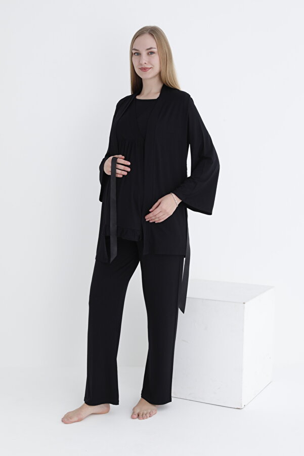 Miss Dünya Lissa Sabahlıklı Fırfır Detaylı Kısa Kol Emzirmeye Uygun Hamile ve Lohusa Pijama Takımı