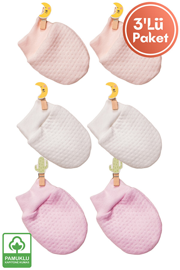 Miniel Unisex Bebek Yenidoğan Organik Pamuklu Kapitone Kumaş Bebek Eldiveni 3 Çift  Set
