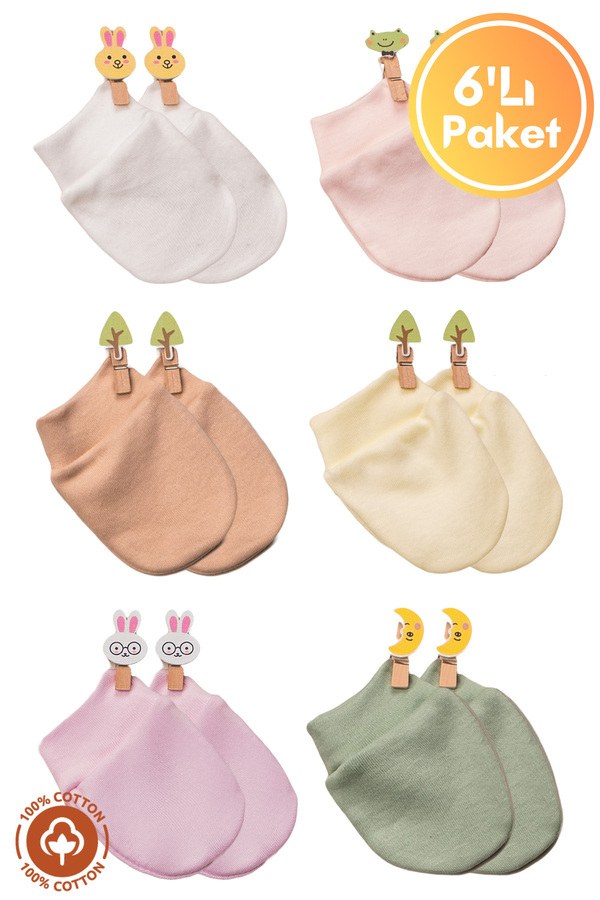 Miniel Unisex Bebek Yenidoğan Penye Organik Pamuklu Bebek Eldiveni 6 Çift  Set