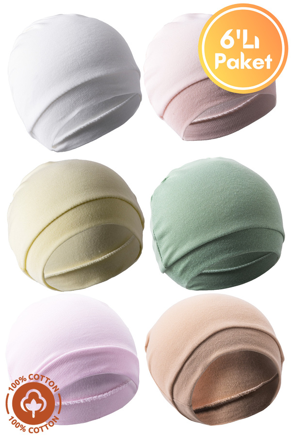 Miniel Unisex Bebek Penye Organik Pamuklu Yenidoğan 6Lı Bebek Renkli Bere Set