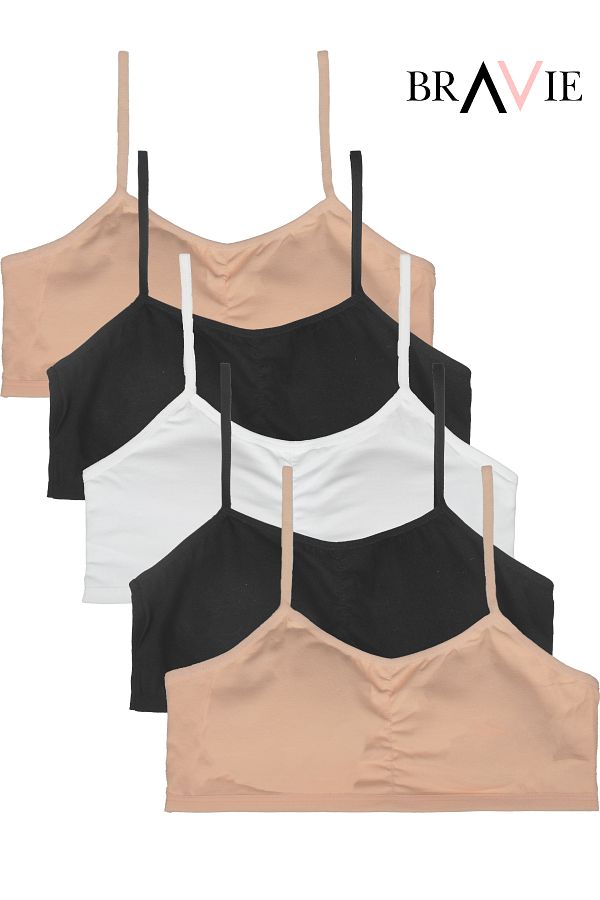 Bravie-Girls' Cotton Bustier - Rope Strap, Soft Sponge, 5-Pack, 2Black-2Ten-White 1