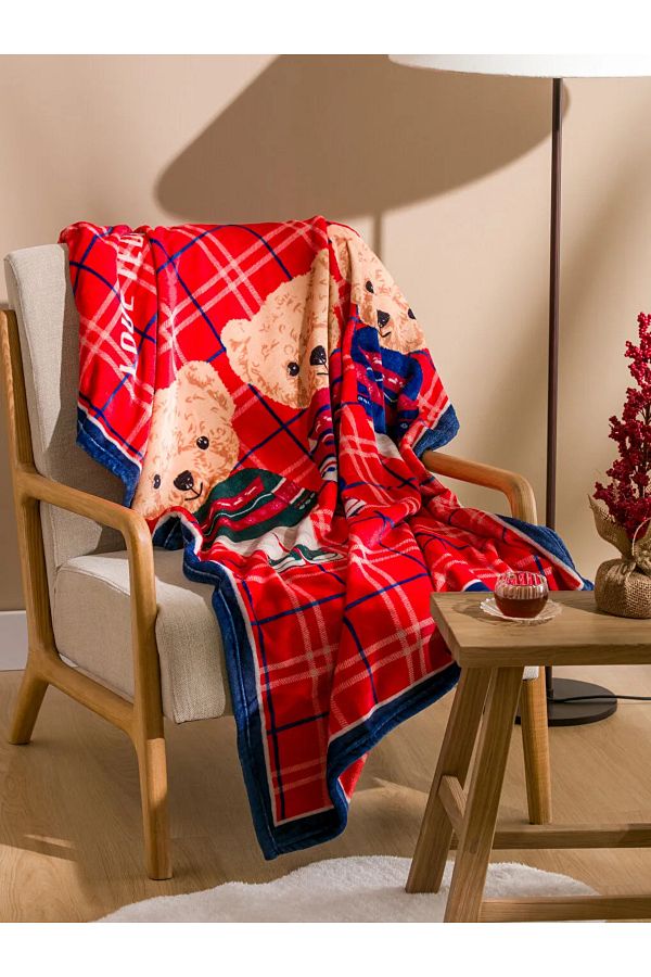 LC Waikiki-Lcw Home Red Bear Teddy Printed Tv Blanket 100X150 cm 1