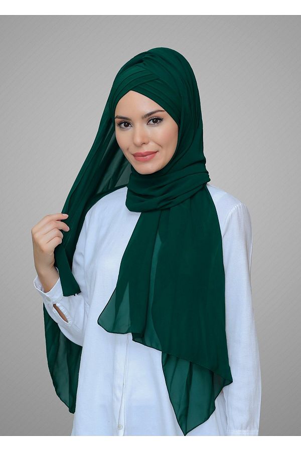 HÜRREM BONE-Emerald Practical Ready-made Interlocking Bone Shawl Chiffon Self-Sewn Bonnet Three-Striped 1451_37 1