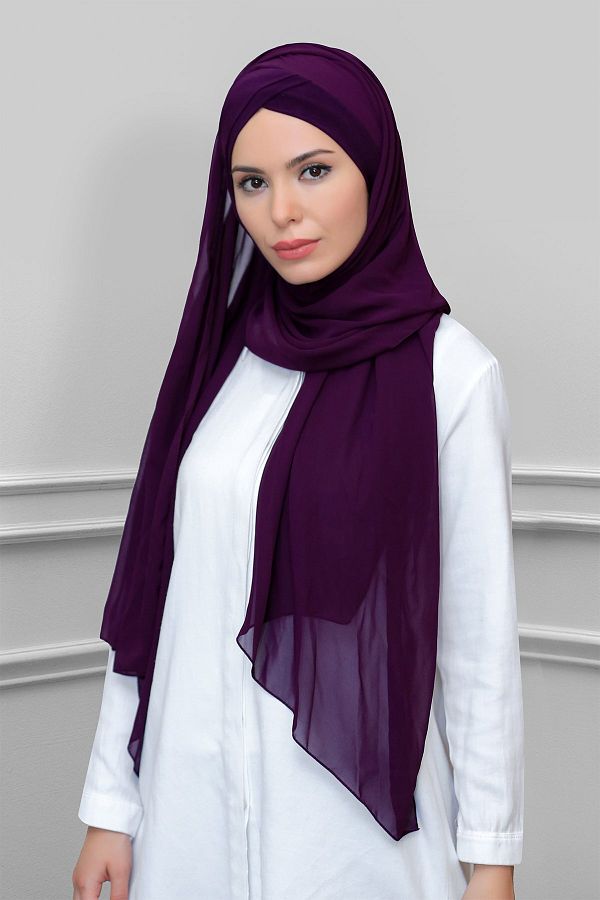 HÜRREM BONE-Plum Practical Ready-made Snap-On Bone Shawl Chiffon Self-Sewn Bonnet With Two Bands 1452_07 1