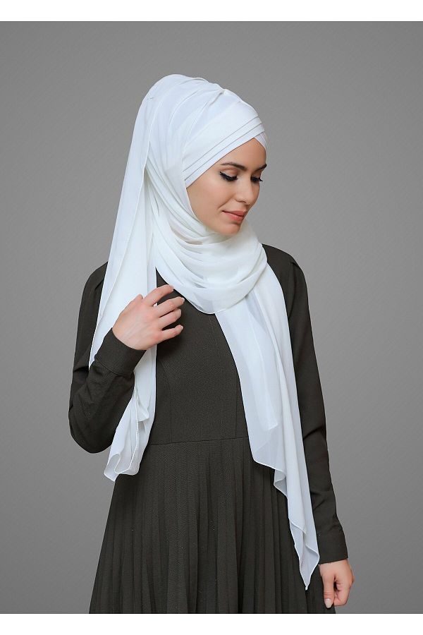 HÜRREM BONE-Cream Practical Ready Interlocking Bonnet Shawl Chiffon Self-bonded Three-Striped 1451_40 1