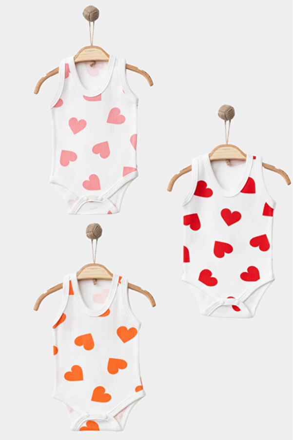Bamoola %100 Organik Pamuk Kalp Desen 3'lü Atlet Body Zıbın - Askılı - Çıtçıtlı (KIRMIZI - PEMBE - TURUNCU)