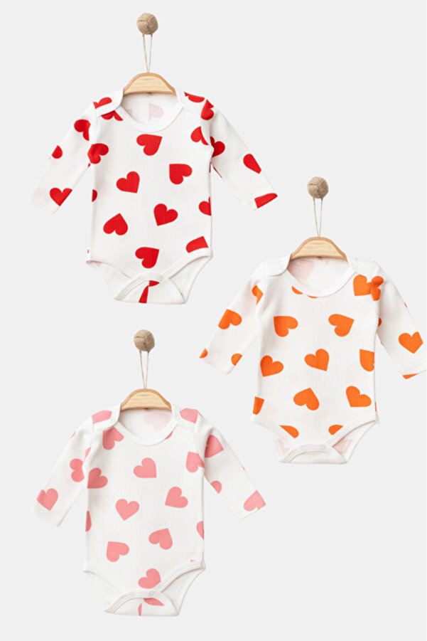 Bamoola %100 Pamuk Renkli Kalp Desen 3'lü Atlet Body Zıbın - Uzun Kol - Çıtçıtlı (KIRMIZI - PEMBE - TURUNCU)