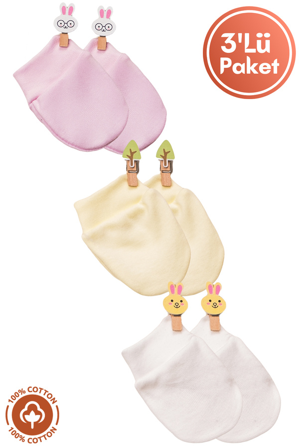 Miniel Kız Bebek Yenidoğan Penye Organik Pamuklu Bebek Eldiveni 3lü Set - Pembe