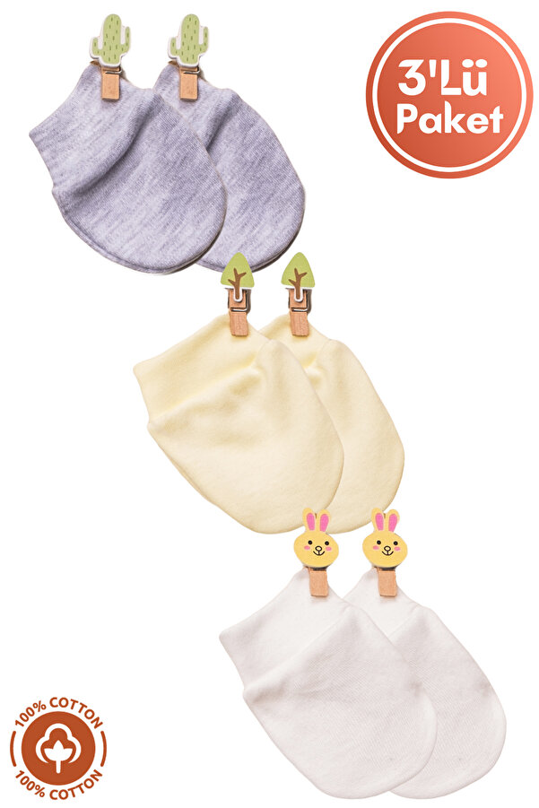 Miniel Yeni Doğan Pamuklu Bebek Eldiveni 3lü Set - Sarı