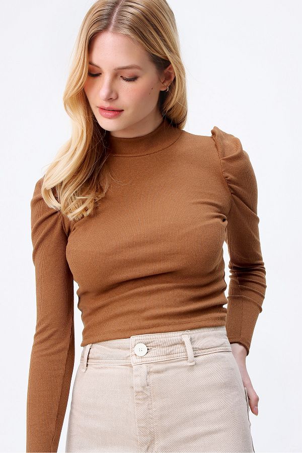 Trend Alaçatı Stili-Bluză cu jumătate de pescar cu mânecă prințesă Camel pentru femei ALC-X5042 1