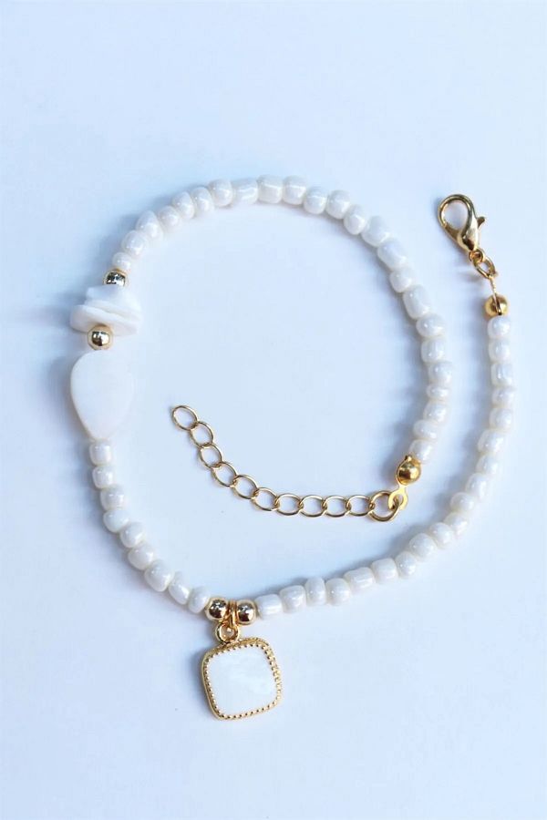 Sose Moda-White Bead Anklet with White Bone Stones 1