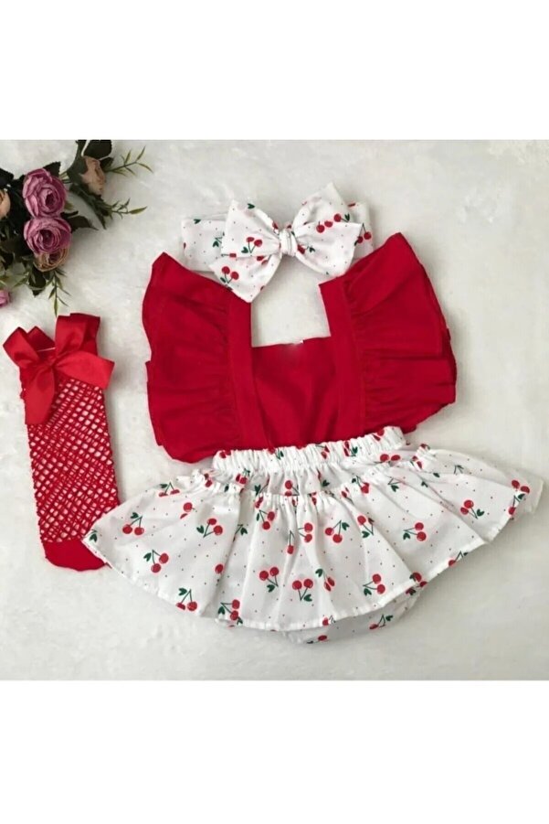 Ensu bayb Bebek Kiraz Desenli Slopet Elbise