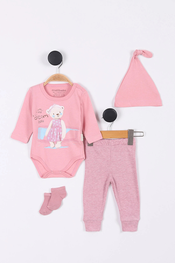 MAİBELLA Müslin Tavşan Desenli Kız Bebek Hastane Çıkışı Bebek Kıyafetleri Yenidoğan Hastane Çıkış Seti 4'lü