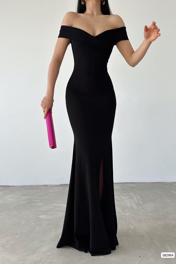 deafox Black Crepe Fabric Short Sleeve Boat Neck Slit Detail Maxi Evening Dress