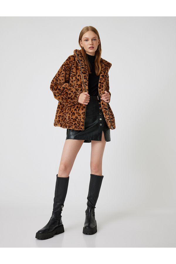 Koton-Leopard Print Stand Collar Zippered Plush Coat 1