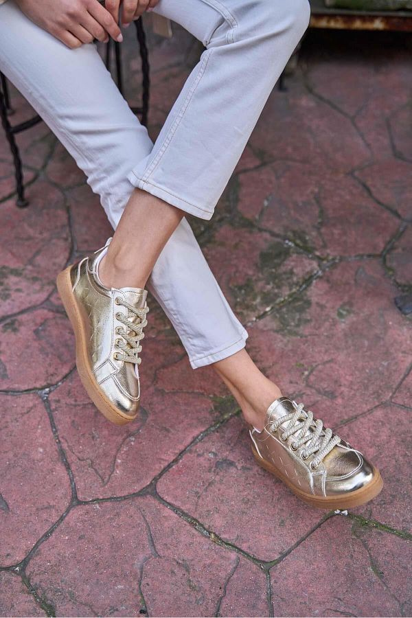 Madamra Gold Women s Thick Lace Up Leather Look Sneakers Trendyol