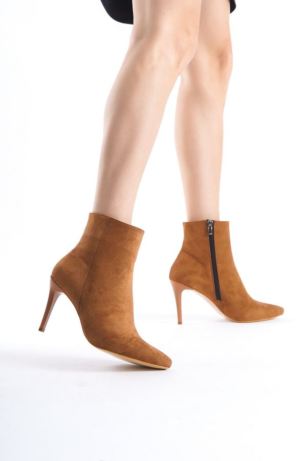 Modabuymus-Μπότες με λεπτό τακούνι Tan Suede Bootie 1
