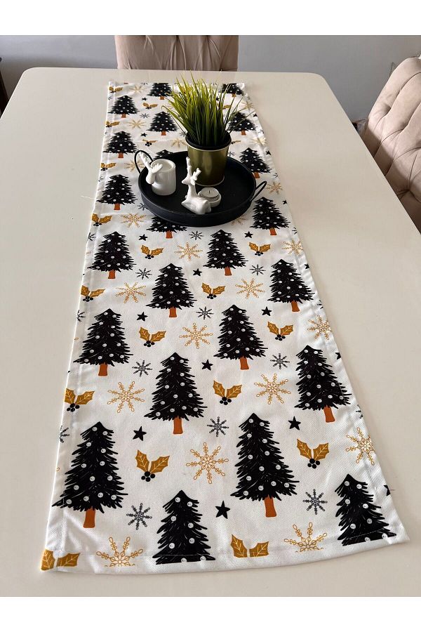 Ayd Home-Black Tree Patterned 40-140cm Rectangular Runner Table - Christmas New Year Christmas New Year 1