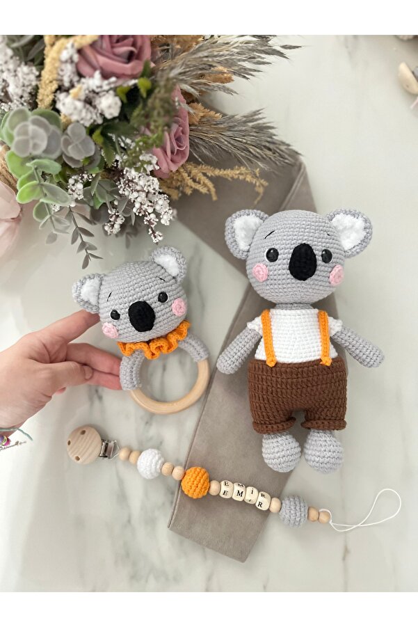 Zey's Amigurumi Amigurumi Koala Yenidoğan Set Uyku Arkadaşı Çıngırak Ve Emzik Zinciri