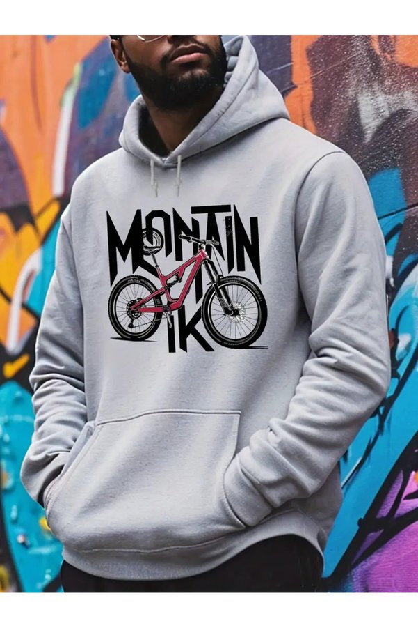 JENOLAN Men's Montain Bicycle (Bike) Printed Hooded Oversize Loose Red Gray Black Sweatshirt