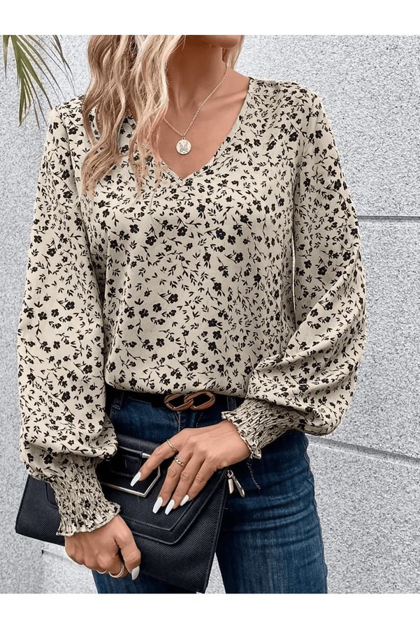 Moda Monisa V-Neck Small Floral Printed Long Sleeve Women's Blouse | Smocked Sleeve Detail | Chic Design