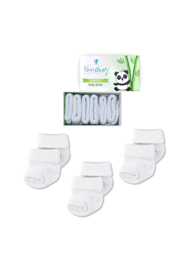 Novibaby 3'lü Bambu Yenidoğan Bebek Çorap I Snow White Beyaz Kız Erkek Bebek Çorabı