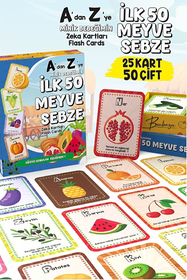 Bunbaza A'dan Z'ye Minik Bebeğimin İlk 50 Meyve Sebze Zeka Kartı Flash Kart 25 Kart - 50 Meyve Sebze