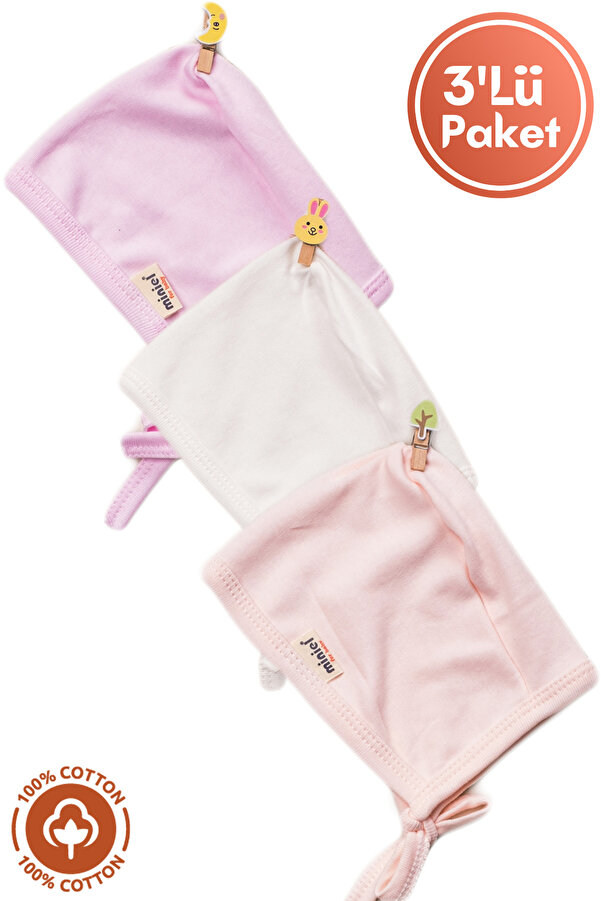 Miniel Unisex Bebek Penye Organik Pamuklu Yenidoğan 3Lü Ingiliz Bebek Şapkası Renkli Set