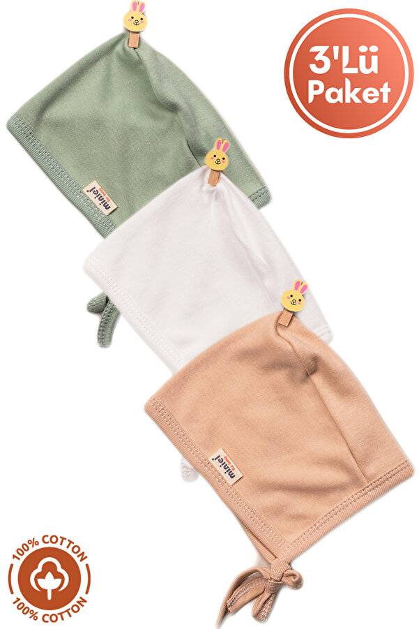 Miniel Unisex Bebek Penye Organik Pamuklu Yenidoğan 3Lü Ingiliz Bebek Şapkası Renkli Set