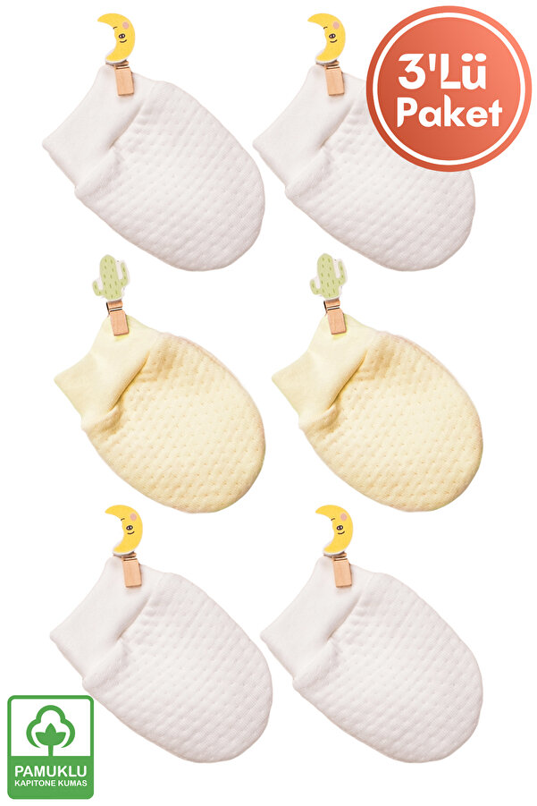 Miniel Unisex Bebek Yenidoğan Organik Pamuklu Kapitone Kumaş Bebek Eldiveni 3 Çift  Set