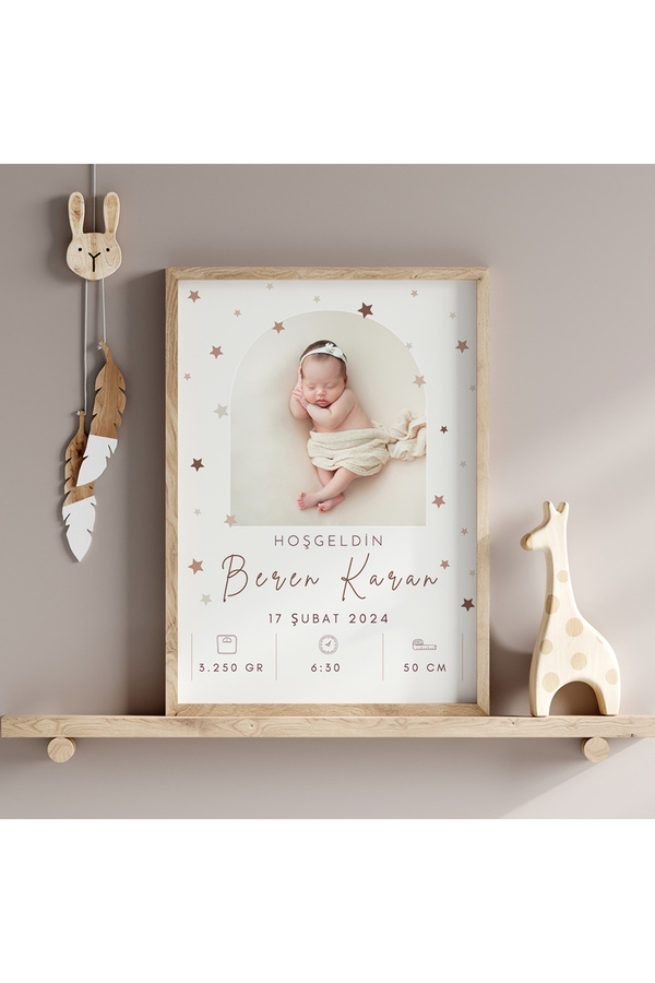 CKA Tasarım Yıldızlı Fotoğraflı Doğum Tablosu, Bebek Doğum Hatırası Tablosu