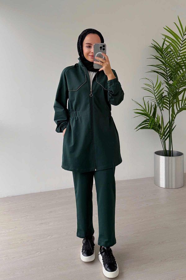 Ka Hijab-2-Piece Hijab Set with Emerald Stone Piping Elastic Waist - Two Thread 1
