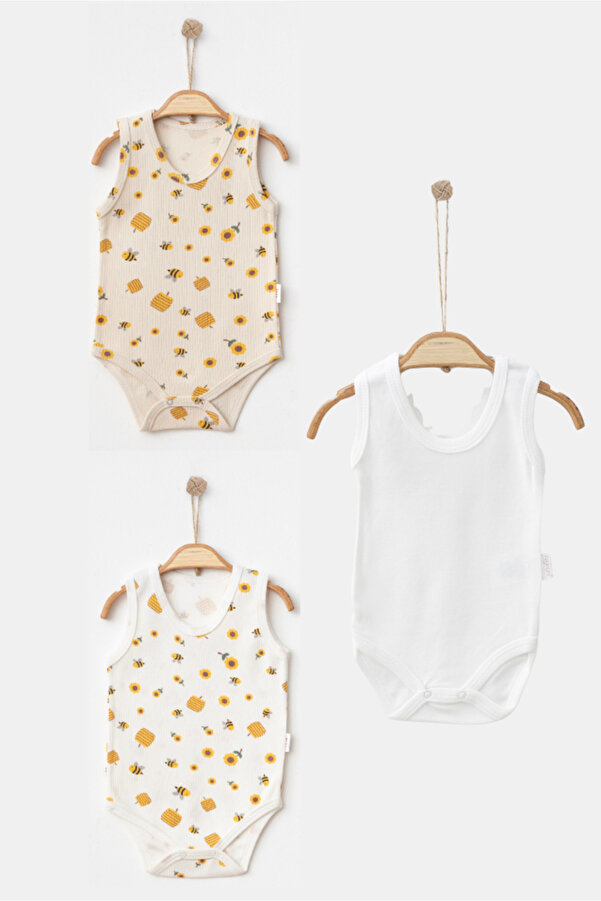 Bamoola %100 Organik Pamuklu Arı Ve Düz Desenli 3'lü Atlet Body Zıbın - Askılı - Çıtçıtlı