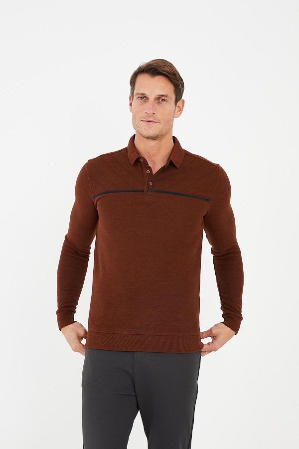 Maccali-Men's Versatile Striped Winter Long Cinnamon Polo Neck T-Shirt 1