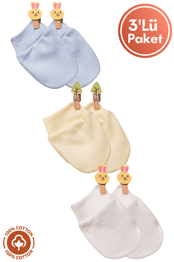 Miniel Erkek Bebek Yenidoğan Penye Organik Pamuklu Bebek Eldiveni 3lü Set - Mavi